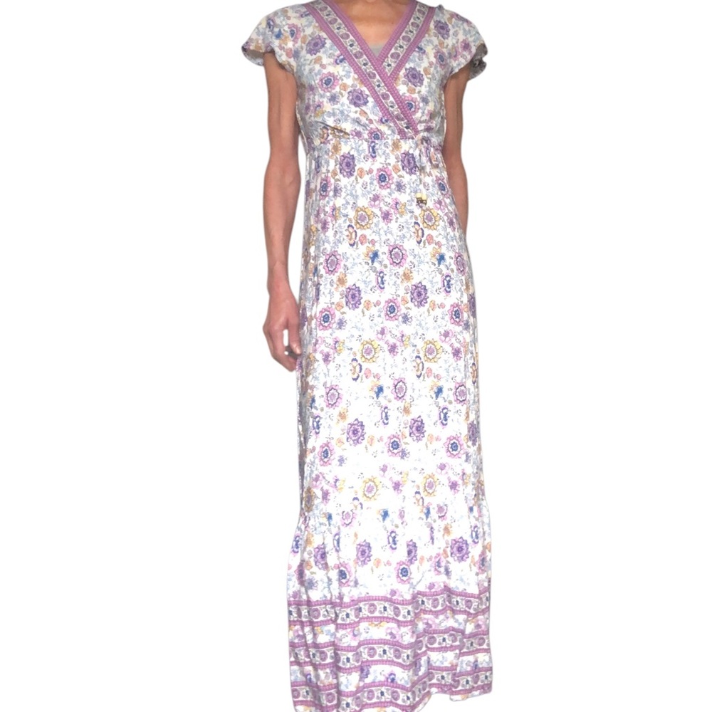 BOHO MAXI Peasant dress Pink, Blue & Yellow white
